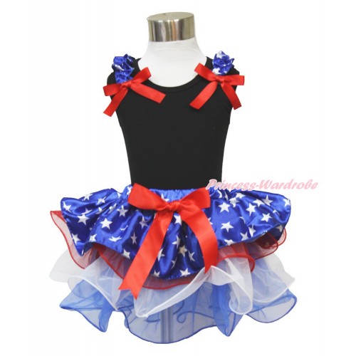 American's Birthday Black Baby Pettitop with Patriotic American Star Ruffles & Red Bow with Red Bow Patriotic American Star Red White Blue Petal Newborn Pettiskirt NG1539